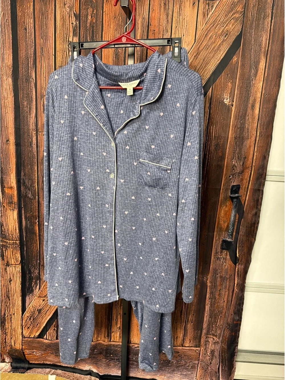Laura Ashley Blue Ribbed Pajama Set with Pink Hearts, Size 1X